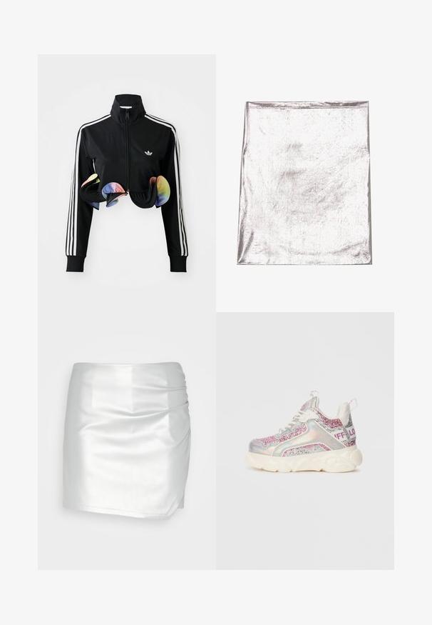 Zwarte zip-up jas met hoge kraag, witte zijstrepen en kleurrijke gerimpelde accenten aan de onderrand. Gemaakt van glad, rekbaar materiaal.; Metaalachtig zilverkleurig stof met een gladde textuur en een lichte glans. Rechthoekige vorm, randen netjes gestikt, geen opvallende patronen of accenten.; Even&Odd by Zalando Shorts - silver; Chunky sneaker met witte zool, holografische panelen, roze en zilveren glinsteraccenten, witte veters en "BUFFALO" tekst op de hielband.