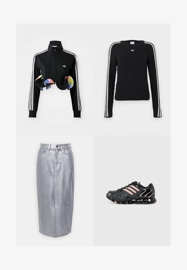 Schwarze Zip-Up-Jacke mit hohem Kragen, weißen Seitenstreifen und bunten Rüschendetails am Saum. Hergestellt aus glattem, dehnbaren Stoff.; Schwarzer Strickpullover mit strukturierter Oberfläche, langen Ärmeln, Rundhalsausschnitt und weißen Seitenstreifen sowie einem gestickten Logo auf der Brust.; Silberne Denim-Midiskirt mit tailliertem Bund, Knopfverschluss und seitlichen Taschen. Glatte, metallische Textur mit geradem Schnitt.; Schwarzer Sportschuh mit pinkfarbenen Streifen, segmentierter, gepolsterter Sohle und Schnürdesign auf hellem grauem Hintergrund.
