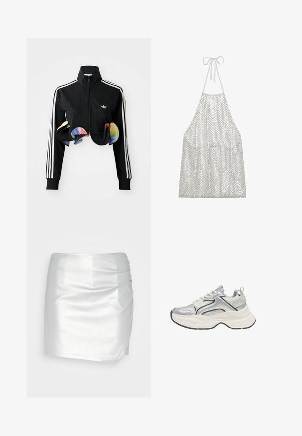 Zwarte zip-up jas met hoge kraag, witte zijstrepen en kleurrijke gerimpelde accenten aan de onderrand. Gemaakt van glad, rekbaar materiaal.; Zilver sequin schort met halternekstrik. Dit schort is gemaakt van een lichte stof bedekt met kleine ronde pailletten die licht en textuur weerkaatsen.; Even&Odd by Zalando Shorts - silver; Zilveren en witte chunky sneaker met mesh- en leren details, dikke witte zool, en "BUFFALO" branding op de hielband.