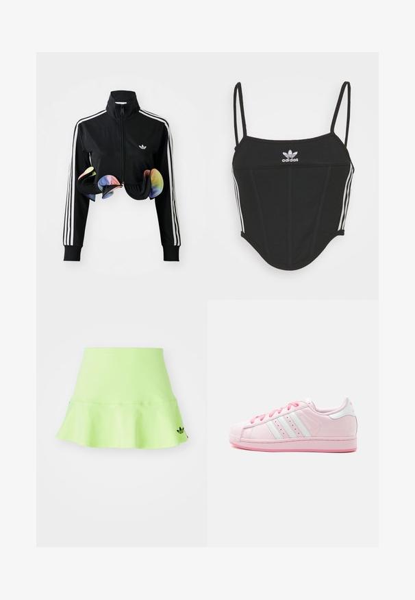 Zwarte zip-up jas met hoge kraag, witte zijstrepen en kleurrijke gerimpelde accenten aan de onderrand. Gemaakt van glad, rekbaar materiaal.; Zwarte geribbelde crop top met verstelbare dunne bandjes, voorzien van drie witte strepen aan de zijkanten en een klein wit Adidas-logo in het midden.; adidas Originals SKIRT - Minirok - signal green; Low-top Adidas sneaker lichtroze met witte strepen, roze veters en een roze zool, zijaanzicht op een witte achtergrond.