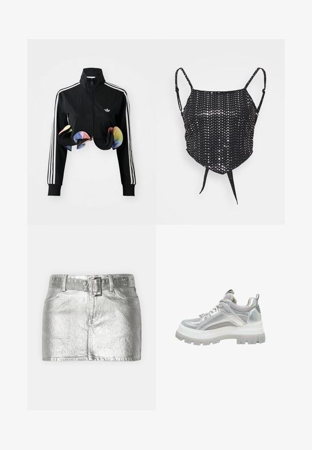 Schwarze Zip-Up-Jacke mit hohem Kragen, weißen Seitenstreifen und bunten Rüschendetails am Saum. Hergestellt aus glattem, dehnbaren Stoff.; Neon & Nylon RICCA STRAP SCARF - Top - black silver; Silberner metallischer Denim-Rock mit tailliertem Bund, der vier Taschen, einen Reißverschluss vorne und eine leicht abgenutzte Textur aufweist.; Chunky Sneaker mit silberner Sohle, Mesh-Einsätzen, gepolstertem Kragen, Schnürverschluss und Zuglasche an der Ferse, seitliche Ansicht.