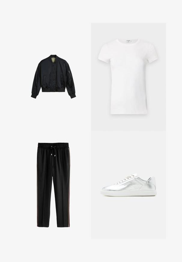 Sort bomberjakke lavet af glat nylon. Har en høj krave, ribbede manchetter og kant, to frontlommer og en lynlåslomme på ærmet.; Hvid, stribet T-shirt med kortærmer og rund hals. Stoffet ser glat ud med en tætsiddende silhuet. Brandingmærke synligt ved kraven.; Next PETITE - Træningsbukser - black; Lavtskåret metallic sølv sneaker med hvid sål og snørebånd, glat tekstur og subtil præget branding på siden.