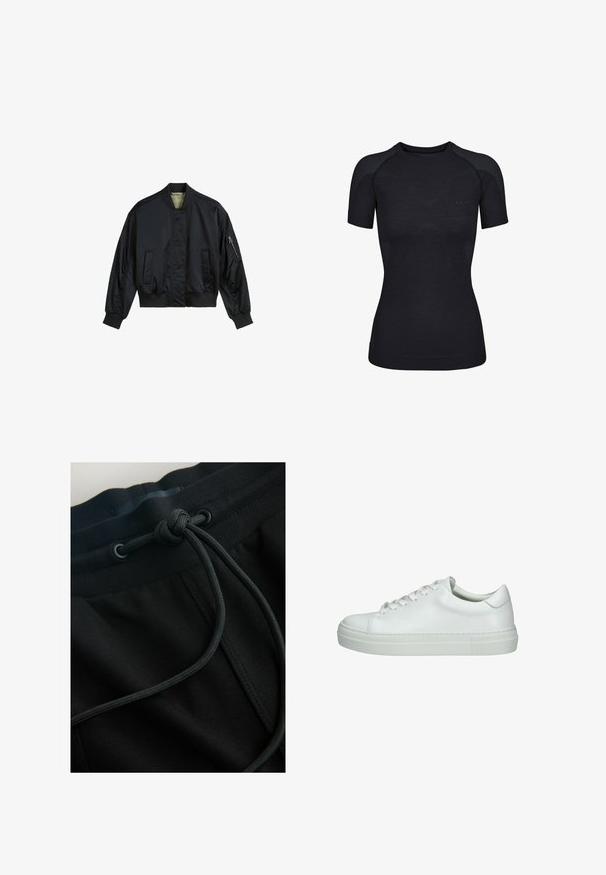 Sort bomberjakke lavet af glat nylon. Har en høj krave, ribbede manchetter og kant, to frontlommer og en lynlåslomme på ærmet.; Sort tætsiddende sportst-shirt med korte ærmer, subtile strukturerede mønstre på skuldrene og siderne, rund halsudskæring og glat stof.; Sorte joggerbukser med snøre i taljen og tekstureret stof, med fokus på glatte linjer og et minimalistisk design.; Hvide lædersneakers med glat tekstur, rund tå, flad gummisål og seks snørrehuller. Minimalistisk design uden yderligere dekorationer.