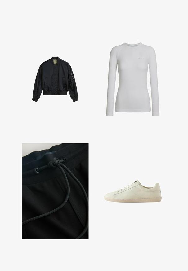 Chaqueta bomber negra hecha de nylon suave. Presenta un collar alto, puños y dobladillo acanalados, dos bolsillos frontales y un bolsillo con cremallera en la manga.; Top blanco de manga larga hecho de un material elástico y suave con textura acanalada en los laterales y cuello redondo; presenta un logo de marca sutil.; Los pantalones jogger negros cuentan con una cintura de cordón ajustable y un tejido texturizado, con un énfasis en líneas suaves y un diseño minimalista.; Zapatilla blanca de piel de corte bajo con superficie texturizada, cierre de cordones y suela de goma beige, mostrada de lado sobre un fondo blanco.