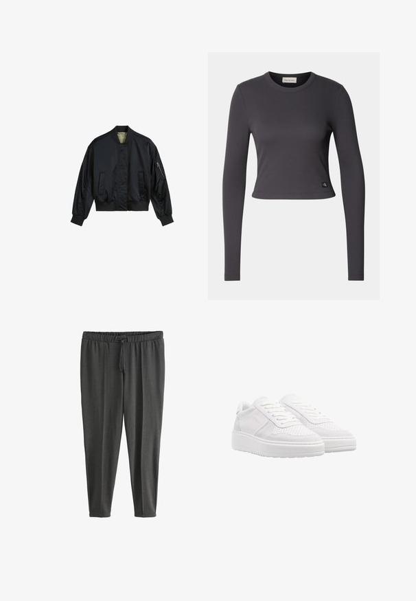 Zwarte bomberjack gemaakt van glad nylon. Beschikt over een hoge kraag, ribgebreide manchetten en zoom, twee voorzakken en een ritszak op de mouw.; Langharig, cropped top in donkergrijze ribbelstof met een ronde halslijn en een klein logo-opdruk aan de onderkant. Gladde textuur, aansluitend ontwerp.; Donkergrijze, rekbare joggers gemaakt van zachte stof; voorzien van een elastische tailleband met koord en taps toelopende pijpen.; Witte sneakers met een bovenwerk van suede en geperforeerd leder, platte veters, een gevoerde kraag en een dikke, gestructureerde rubberen zool.