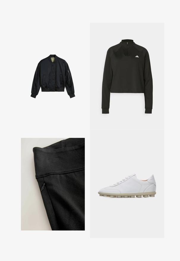 Zwarte bomberjack gemaakt van glad nylon. Beschikt over een hoge kraag, ribgebreide manchetten en zoom, twee voorzakken en een ritszak op de mouw.; Zwarte quarter-zip pullover van gladde stof met lange mouwen, voorzien van een hoge kraag en een wit logo op de linkerborst.; Zwarte sportleggingen met een gladde textuur, voorzien van een brede tailleband en een klein zijzakje met rits. Naaddetails zijn zichtbaar.; Witte leren lage sneaker met beige zool met gelijkmatig verdeelde ronde grippen, zijstiksel en vetersluiting.
