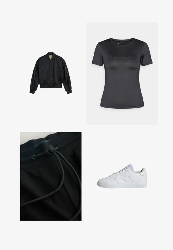 Zwarte bomberjack gemaakt van glad nylon. Beschikt over een hoge kraag, ribgebreide manchetten en zoom, twee voorzakken en een ritszak op de mouw.; Zwart T-shirt met korte mouwen gemaakt van gladde stof, met een subtiel geperst "Champion" logo op de borst en een ronde halslijn.; Zwarte joggerbroek met een tailleband met trekkoord en een gestructureerde stof, met de nadruk op vloeiende lijnen en een minimalistisch ontwerp.; Witte Adidas lage sneaker met veters, geperforeerde strepen aan de zijkant en een gestructureerde rubberen zool.
