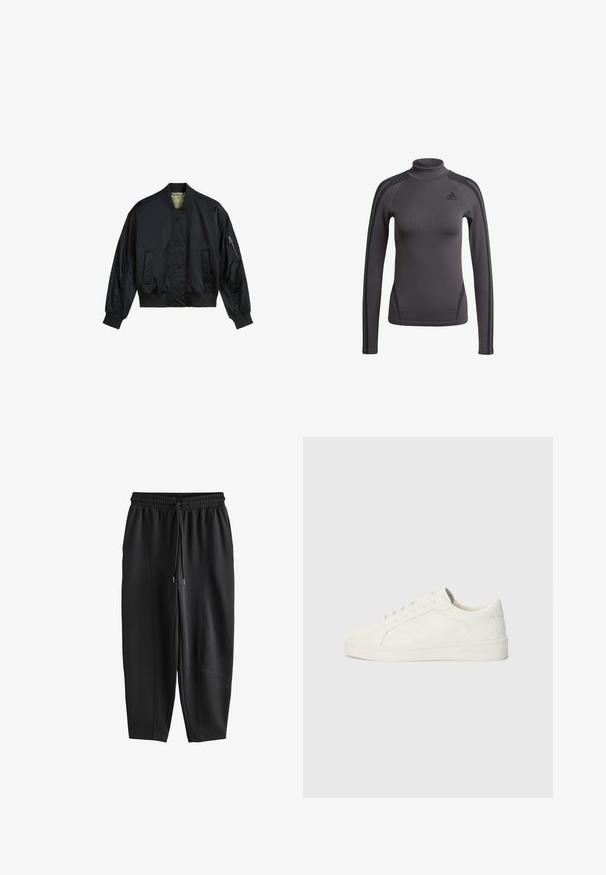 Chaqueta bomber negra hecha de nylon suave. Presenta un collar alto, puños y dobladillo acanalados, dos bolsillos frontales y un bolsillo con cremallera en la manga.; Top gris de manga larga con un cuello alto, que presenta un tejido texturizado y franjas negras decorativas en los hombros, con un logo de Adidas en el pecho.; Pantalones de chándal negros ajustados con cintura elástica y cordón, con detalles de costura en el frente y un ajuste relajado.; Zapatillas blancas de cuero con textura suave, puntera redonda, cierre de cordones de seis ojales y suela de goma ligeramente elevada.