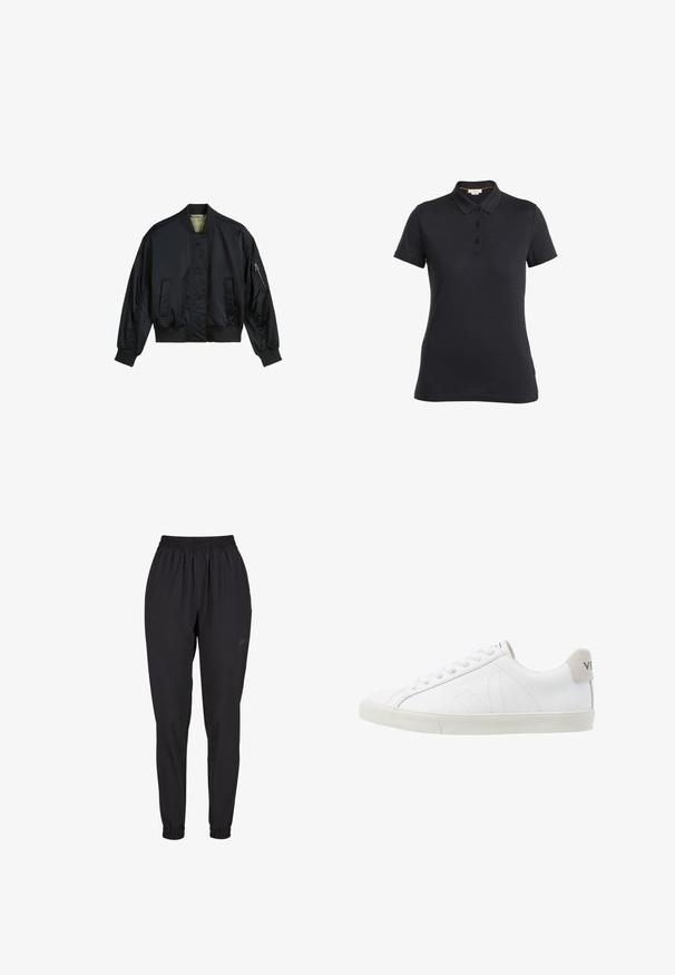 Chaqueta bomber negra hecha de nylon suave. Presenta un collar alto, puños y dobladillo acanalados, dos bolsillos frontales y un bolsillo con cremallera en la manga.; Camisa polo negra de tela suave, con cuello, cierre de tres botones y mangas cortas. Diseño simple, sin patrones ni acentos.; Pantalones negros de cintura elástica con puños fruncidos, diseño de pierna recta, fabricados con un material ligero y con un logo sutil en el lateral.; Zapatillas de cuero blanco con una suela de goma texturizada en un tono blanco roto. Las características incluyen cordones, costuras sutiles y un acento en gamuza gris en el talón.