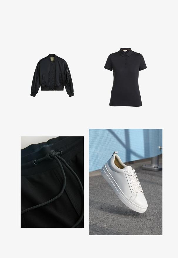 Chaqueta bomber negra hecha de nylon suave. Presenta un collar alto, puños y dobladillo acanalados, dos bolsillos frontales y un bolsillo con cremallera en la manga.; Camisa polo negra de tela suave, con cuello, cierre de tres botones y mangas cortas. Diseño simple, sin patrones ni acentos.; Los pantalones jogger negros cuentan con una cintura de cordón ajustable y un tejido texturizado, con un énfasis en líneas suaves y un diseño minimalista.; Zapatilla de cuero blanca con cordones planos, punta redondeada, suela de goma y una pequeña lengüeta en el talón. Textura suave con detalles de diseño mínimos.
