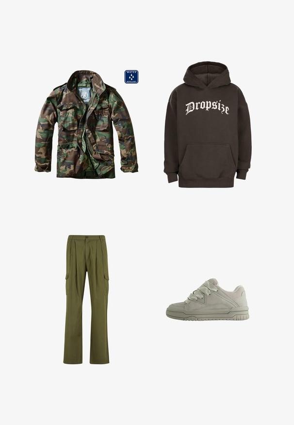 Kamuflagejakke i nuancer af grøn og brun, med lynlås foran, to brystlommer og vandafvisende materiale.; Mørkebrun hoodie med en frontlomme i kengurustil og hvid tekst i gammeldansk stil, der står "Dropsize" over brystet.; Urban Classics WIDE - Cargobukser - lightolive; Lav-snit grå sneaker med tykke teksturerede snørebånd, polstret krave, syninger i panelerne og en rilled gummisål for greb.