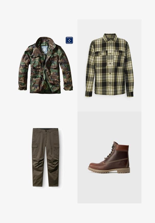Metsiku kamuflaaž jakk erinevates roheline ja pruunides toonides, lukuga ees, kahe rinna-taskuga ning veekindlast materjalist.; Only & Sons ONSSCOTT CHECK OVERSHIRT - Pluus - black; Pruunid kaubapüksid, millel on nööbi- ja tõmblukukinnitus, vööaasad, külgmised kinnitusklapiga taskud ning tugevdatud õmblused põlvedel, asetatud valgele taustale laiali.; Pruun nahast lõhkumisega ankle boot, millel on polsterdatud krae, kontrastne õmblus ja robustne tald, shown välisküljelt valgel taustal.