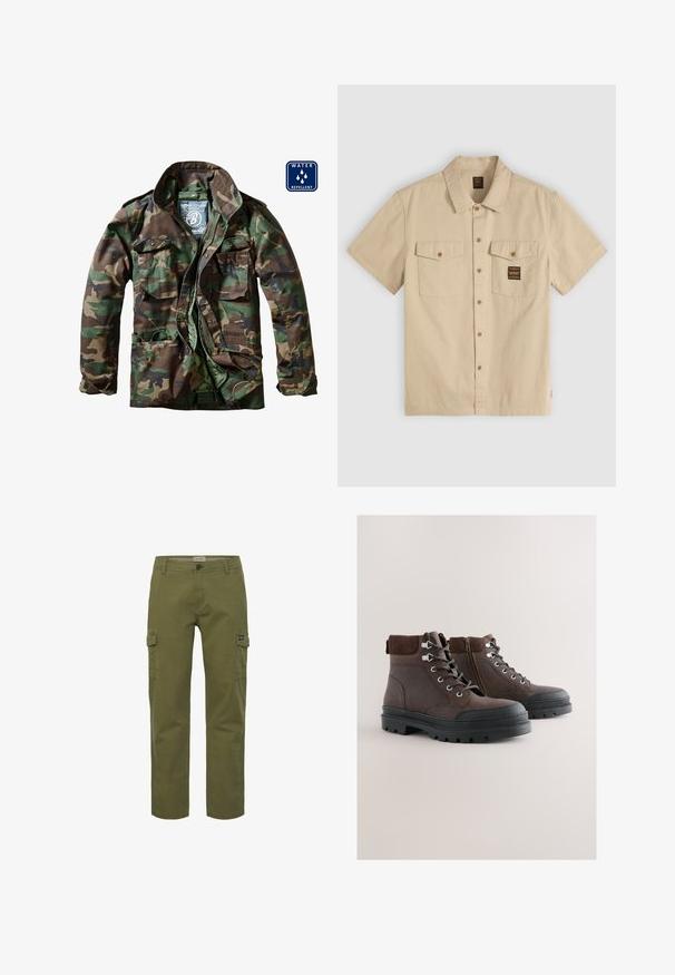 Kamuflagejakke i nuancer af grøn og brun, med lynlås foran, to brystlommer og vandafvisende materiale.; Beige kortærmet skjorte med knapper og to brystlommer med knapper, hvoraf den ene har et lille sort og gult mærke.; Cargobukser i olivengrøn, med lige snit, for- og sidelommer samt knaplukning. Fremstillet af slidstærkt bomuldsstof.; Brune læderankelstøvler med ruskindsdetaljer, rund tå, snørelukning foran, sidelås med lynlås og tyk gummisål med mønstret tekstur.