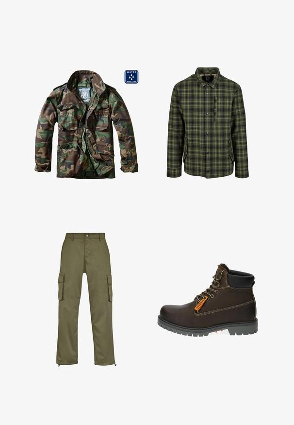 Kamuflagejakke i nuancer af grøn og brun, med lynlås foran, to brystlommer og vandafvisende materiale.; Grøn- og sortternet jakke med krave, knaplukning, to sidelommer og en brystlomme. Stoffet ser struktureret og varmt ud.; Olivenfarvede cargo bukser med lige snit, to sidelommer og lynlåse ved anklerne. Fremstillet af slidstærkt stof.; Brun læder ankelstøvle med grå gummisål, orange accentmærke og metaløjer. Har kontraststikning og polstret krave.