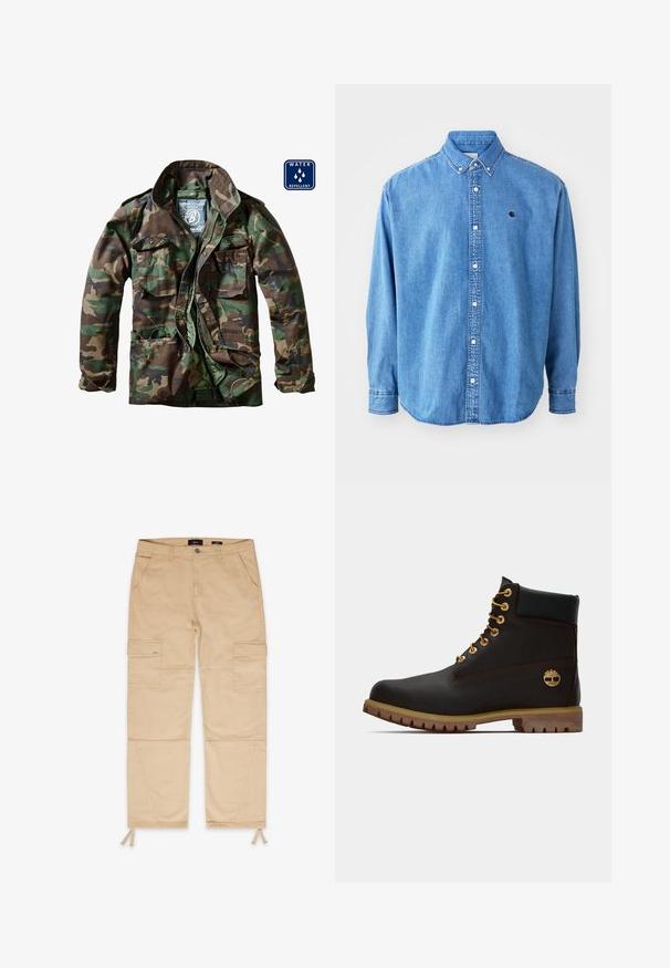 Kamuflagejakke i nuancer af grøn og brun, med lynlås foran, to brystlommer og vandafvisende materiale.; Denim button-down skjorte, lyseblå i farven, med krave, lange ærmer og et lille logo på brystet. Har hvide knapper og syninger.; Beige cargo bukser med to forlommer og to sidelommer. Har elastiske snore ved anklerne og forstærkede syninger.; Sorte læder ankelstøvle med gyldne øjer, brune detaljer og gummisål. Har en polstret krave og præget logo på siden.