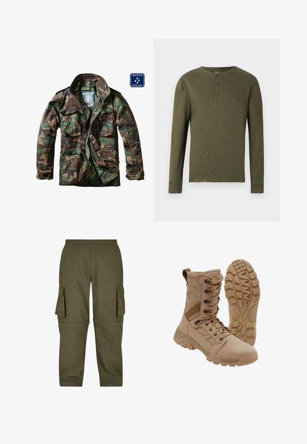 Tarnjacke in Grüntönen und Brauntönen, mit einem Reißverschluss vorne, zwei Brusttaschen und wasserabweisendem Material.; Langärmliges olivgrünes Henley-Shirt mit Rundhalsausschnitt, drei Knöpfen am Kragen und einer strukturierten Stoffoberfläche.; Olivgrüne Cargo-Hosen aus leichtem Material, mit mehreren Seitentaschen, einem elastischen Bund und einem geraden Schnitt.; Brauner taktischer Stiefel mit schnürbarem Knöchel-Design und robuster Gummisohle, ein Stiefel steht aufrecht, der andere zeigt das Profil der Sohle.