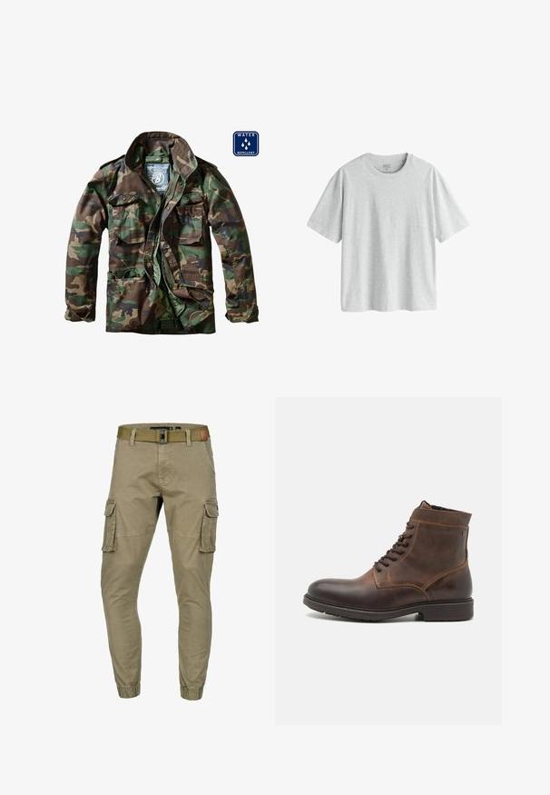 Tarnjacke in Grüntönen und Brauntönen, mit einem Reißverschluss vorne, zwei Brusttaschen und wasserabweisendem Material.; Hellgraues T-Shirt mit kurzen Ärmeln aus einem weichen, glatten Stoff, mit rundem Ausschnitt und lockerem Schnitt. Keine sichtbaren Muster oder Grafiken.; Beige Cargohose mit elastischen Bündchen, seitlichen Klappentaschen, vorderen Taschen und einem olivgrünen Stoffgürtel mit Metallschnalle.; Jack & Jones JFWDELANEY BOOT - Schnürstiefelette - cognac