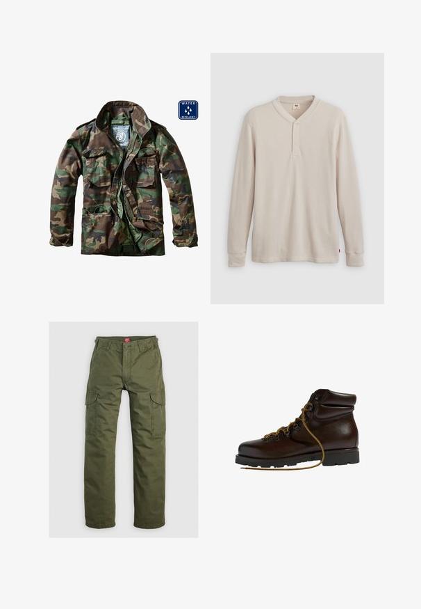 Kamuflagejakke i nuancer af grøn og brun, med lynlås foran, to brystlommer og vandafvisende materiale.; Langærmet henley-skjorte i lys beige ribbet stof, med V-hals, tre-knap placket og manchetter ved ærmerne. Rød logo-tags ved kanten.; Olivengrønne cargo bukser lavet af slidstærkt stof, med sidelommer, knaplukning og lige ben design.; Brun læder vandrestøvle med en afrundet tå, tekstureret overflade, gule snørebånd og metaløjer. Har en robust sort gummisål.