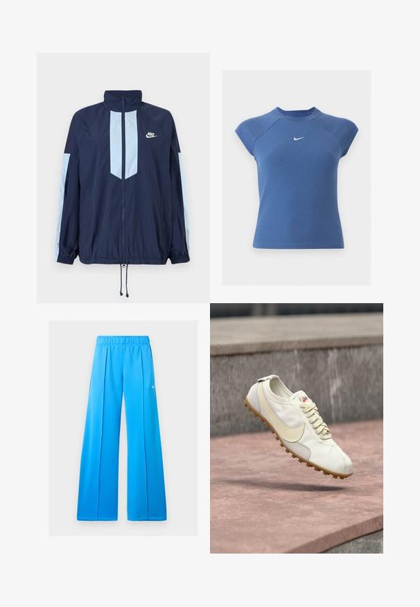 Marineblå vindjakke med lyseblå detaljer, høj krave, fuld frontlynlås og elastiske manchetter. Nike-logo på brystet.; Blå kortærmet ribstrikket top med rund halsudskæring og hvid Nike swoosh-logo centreret på brystet.; Lyseblå atletikbukser med vide ben, elastisk linning og lille hvid Nike swoosh-logo på højre lår.; Hvid og beige atletiksko med snørebånd og gummisål, svævende over en stenovertag med en sløret betonbaggrund.