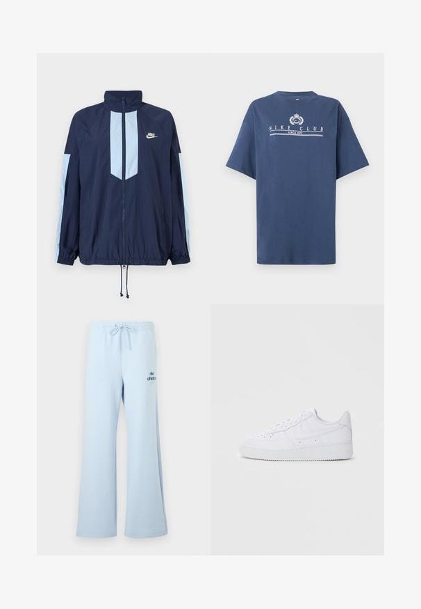 Marineblå vindjakke med lyseblå detaljer, høj krave, fuld frontlynlås og elastiske manchetter. Nike-logo på brystet.; Marineblå kortærmet T-shirt med hvid "NIKE CLUB SINCE 1972" tekst og emblem centreret på brystet.; Lyseblå joggingbukser med afslappet pasform, snøre i taljen og "nike athletics"-logo i en mørkere blå på forsiden af benet. Blød stoftekstur.; Hvide Nike Air Force 1 sneakers med læderoverdel, rund tå, snørelukning, polstret krave og struktureret gummisål.