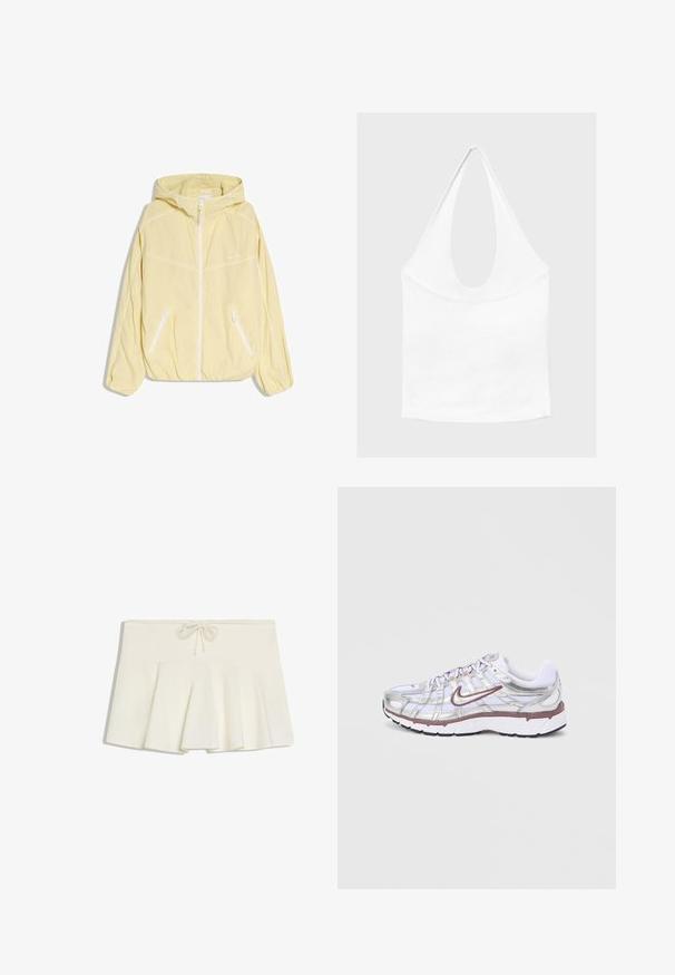 Veste à capuche jaune clair avec fermeture éclair blanche et deux poches zippées inclinées, avec des détails de passepoil blanc sur les manches et la poitrine.; Haut blanc sans manches à encolure américaine, avec un profond col rond et une taille cintrée, présenté sur un fond clair et uni.; Mini-jupe plissée blanche avec une taille à cordon et un tissu doux et structuré, posée à plat sur un fond blanc.; Chaussures de course Nike avec une tige en mesh blanc, des superpositions argentées et des accents mauves. Dotées d'une semelle amortie et d'un design à lacets sur le devant.