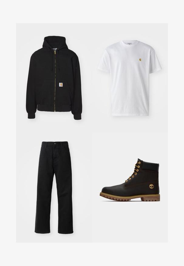 Hoodie zippé noir en mélange de coton. Présente une fermeture éclair dorée, une capuche avec cordon de serrage, une poche kangourou et une petite étiquette logo sur le devant.; T-shirt en coton blanc à manches courtes, col rond, avec un petit logo doré sur la poitrine gauche. Texture douce et coupe régulière.; Pantalons en denim noir à coupe droite, avec poches avant, fermeture éclair et un seul bouton supérieur. Tissu texturé avec une finition mate.; Bottine noire en cuir avec œillets dorés, accents marron et semelle en caoutchouc. Comprend un col rembourré et un logo estampé sur le côté.