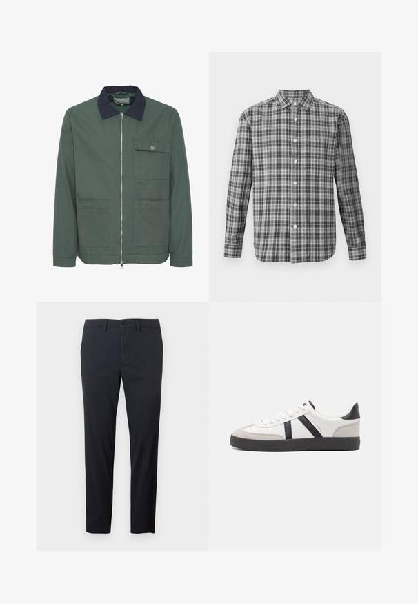 Chaqueta verde con cremallera y cuello azul marino, dos bolsillos frontales y un bolsillo en el pecho. Hecha de un tejido texturizado, presenta un diseño minimalista.; Camisa a cuadros en negro y gris. Presenta un collar extendido, mangas largas y botones blancos. Está hecha de una tela ligera con un acabado texturizado.; Pantalones de algodón negros con piernas rectas, pretina estándar, bolsillos frontales y cierre con un solo botón. Presentan una textura suave.; Zapatilla blanca con acentos en negro y gris, que presenta una puntera texturizada en gris, suela de goma negra y cordones planos blancos. Diseño limpio, estilo minimalista.