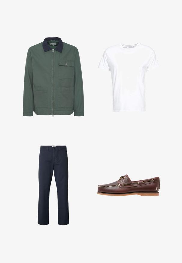 Chaqueta verde con cremallera y cuello azul marino, dos bolsillos frontales y un bolsillo en el pecho. Hecha de un tejido texturizado, presenta un diseño minimalista.; Camiseta de algodón blanca con cuello redondo y mangas cortas, con un corte clásico y una textura suave. Sin patrones ni elementos metálicos visibles.; Pantalones azul marino oscuro de corte recto con trabillas para cinturón, cierre frontal de botones y bragueta con cremallera, mostrados sobre un fondo blanco.; Zapato náutico de cuero marrón con costuras blancas, detalles de cordones y suela de goma color coñac, mostrado de lado sobre un fondo blanco.