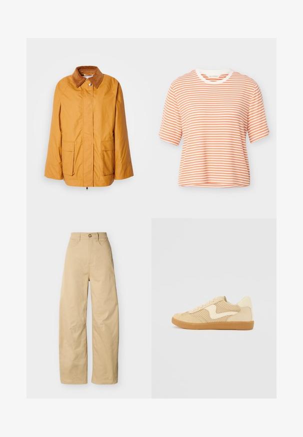 Veste légère jaune avec un col en velours côtelé marron, deux poches avant et une coupe droite. Tissu lisse avec des détails de couture minimaux.; Haut à manches courtes côtelé avec des rayures horizontales blanches et orange clair, et un col rond blanc.; Pantalon large beige à taille haute, fermeture par bouton et zip, poches avant et ourlet droit, présenté sur un fond uni.; Sneaker beige avec des matériaux en daim et en maille, forme arrondie, col rembourré proéminent et semelle en caoutchouc gomme. Présente un accent de design en forme de vague.