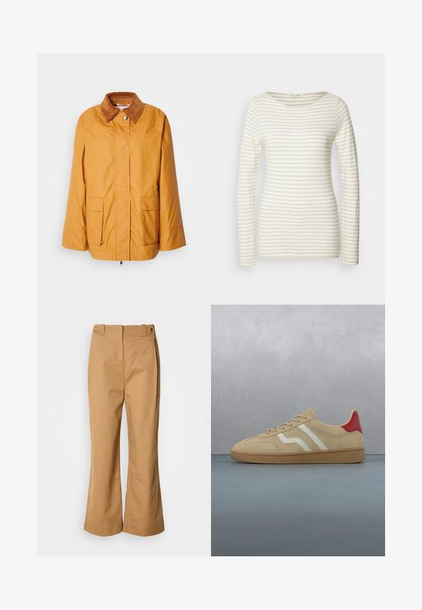 Veste légère jaune avec un col en velours côtelé marron, deux poches avant et une coupe droite. Tissu lisse avec des détails de couture minimaux.; Chemise à manches longues rayée en mélange de coton crème et beige, avec un col rond et une silhouette ajustée. Texture douce avec des motifs subtils.; Pantalon à jambes larges en tissu de coton beige, doté d'une taille haute, de deux boutons dorés et d'une texture lisse. Aucun motif ou accent visible.; Baskets en daim beige avec un accent rouge au talon, des bandes blanches et une semelle en caoutchouc texturée beige clair. Muni de lacets et d'un intérieur lisse.