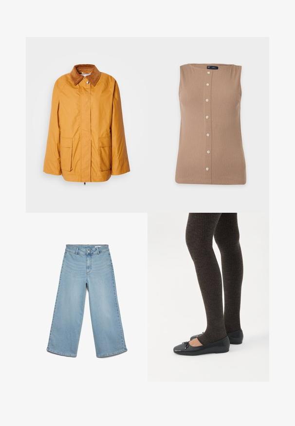 Veste légère jaune avec un col en velours côtelé marron, deux poches avant et une coupe droite. Tissu lisse avec des détails de couture minimaux.; Débardeur sans manches, côtelé, brun clair, avec encolure ronde et fermeture sur le devant par sept petits boutons blancs, présenté sur un fond uni.; Pantalon large en denim bleu clair avec passants pour ceinture, bouton devant et fermeture éclair, sans poches visibles.; Jambes portant des leggings côtelés foncés associés à des ballerines noires avec de petits détails en nœud sur fond blanc.