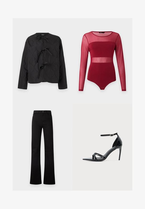 Veste matelassée noire à manches longues avec trois nœuds noués sur le devant, présentant un motif ondulé cousu et un col rond.; Body bordeaux à manches longues avec panneaux en maille transparente sur le haut de la poitrine, la taille et les manches, avec un col rond et une coupe ajustée.; Jeans noirs à taille haute, jambes droites, avec poches avant, passants pour ceinture, fermeture par bouton, et ourlets légèrement évasés sur fond blanc.; Sandale à talon haut en cuir verni noir avec fine bride à la cheville, bout ouvert et design minimaliste sur fond clair uni.