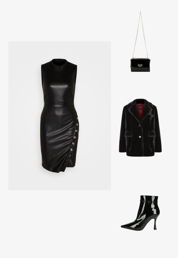 Cesare Gaspari Wintermantel - black; Schwarzes, ärmelloses Lederkleid mit hohem Kragen, taillierter Silhouette, asymmetrischem Saum und dekorativen Knöpfen entlang der Seitennaht.; Schwarze Lackleder-Ankle Boots mit spitzer Zehenpartie, glänzender Oberfläche, eleganten Design und schmalem Stiletto-Absatz. Dekorative Riemenakzente.; Schwarz glänzende Handtasche aus Lackleder mit einem goldenen Kettenriemen, rechteckige Form, mit einem Verschluss mit Klappe und einem metallischen Logo-Akzent.