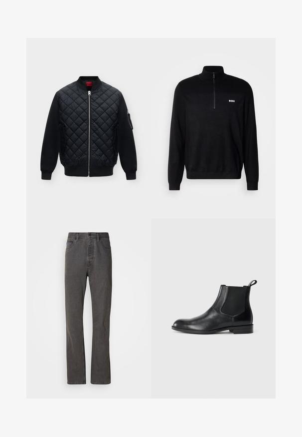 Veste bomber matelassée noire avec fermeture éclair argentée intégrale, col, poignets et bas côtelés, poches latérales et une poche zippée sur la manche gauche.; Pull-over noir avec un col zippé à mi-longueur, présentant une texture côtelée aux épaules et un petit logo blanc "BOSS" sur la poitrine.; Jeans en denim gris avec une coupe droite, dotés de poches avant, d'une fermeture à bouton et d'une texture subtile.; Bottine en cuir noir avec des panneaux latéraux élastiques, bout rond et tirette. Texture lisse, semelle plate, design minimaliste.