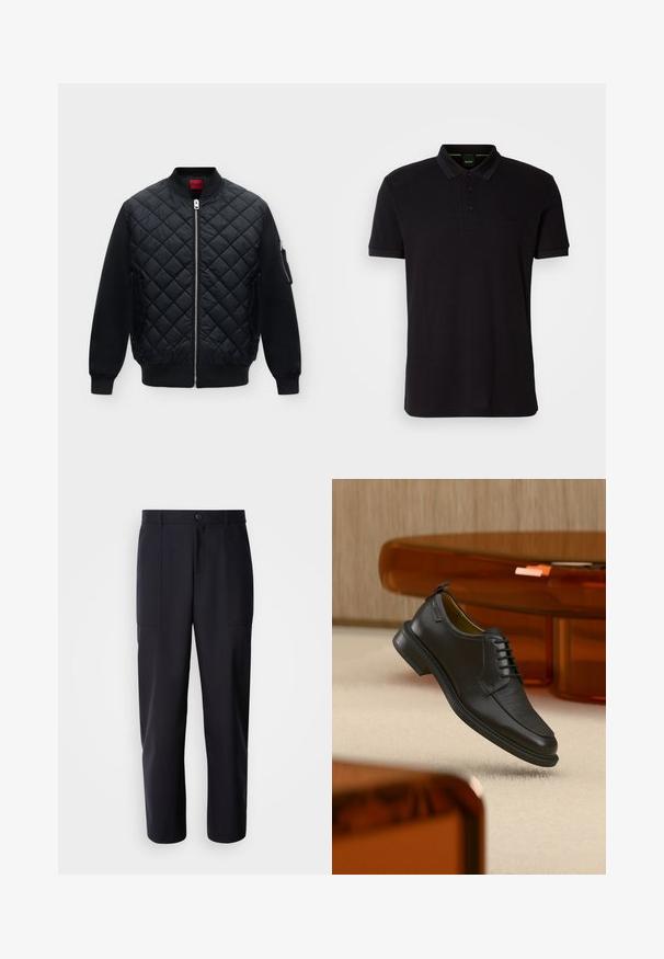 Veste bomber matelassée noire avec fermeture éclair argentée intégrale, col, poignets et bas côtelés, poches latérales et une poche zippée sur la manche gauche.; Polo shirt noir en tissu doux, avec un col classique, une patte de boutonnage à trois boutons et un logo brodé sur la poitrine.; Pantalons bleu marine foncé en tissu lisse, présentant une coupe droite, deux poches latérales et une fermeture à bouton à la taille.; Chaussure habillée noire en cuir à lacets avec devant texturé, flottant au-dessus d'un tapis beige dans une pièce moderne avec des meubles teintés d'ambre.