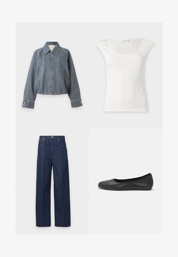 Veste courte en denim gris avec fermeture éclair devant, deux poches latérales inclinées, col pointu et poignets boutonnés.; Haut blanc sans manches côtelé avec un col rond et de petites épaulettes, présenté sur un fond clair uni.; Jean en denim bleu foncé avec une coupe large, fermeture à bouton et style à cinq poches avec des surpiqûres orange contrastantes.; Ballerines en cuir noir avec un bout rond, texture lisse, détails de couture minimalistes et design de semelle flexible.