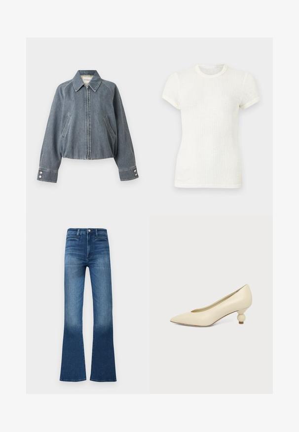 Veste courte en denim gris avec fermeture éclair devant, deux poches latérales inclinées, col pointu et poignets boutonnés.; T-shirt blanc en maille côtelée à manches courtes avec col rond et manches légèrement bouffantes.; Jeans évasés en denim bleu avec une taille mi-haute, présentant un design classique à cinq poches et un léger effet délavé qui met en valeur la texture du tissu.; Escarpin beige à bout pointu avec un talon bas et rond composé de deux formes sphériques sur un fond uni.