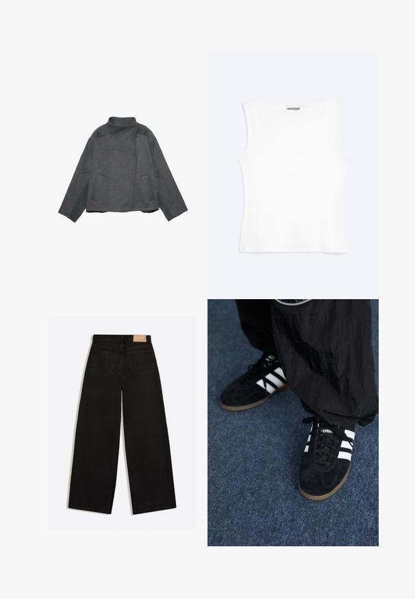 Veste en laine grise avec un col montant, des manches larges et deux poches avant. Le tissu semble texturé, offrant un design structuré et minimaliste.; Débardeur blanc ajusté sans manches avec un col rond et un design minimaliste, étiqueté "WEEKDAY" à l'intérieur du col.; Jean noir à jambes larges vu de dos, avec deux poches arrière et un patch de marque en cuir marron à la ceinture.; Des chaussures de sport en suède noir avec trois rayures blanches et des lacets noirs. Un pantalon noir texturé est partiellement visible à côté des chaussures.