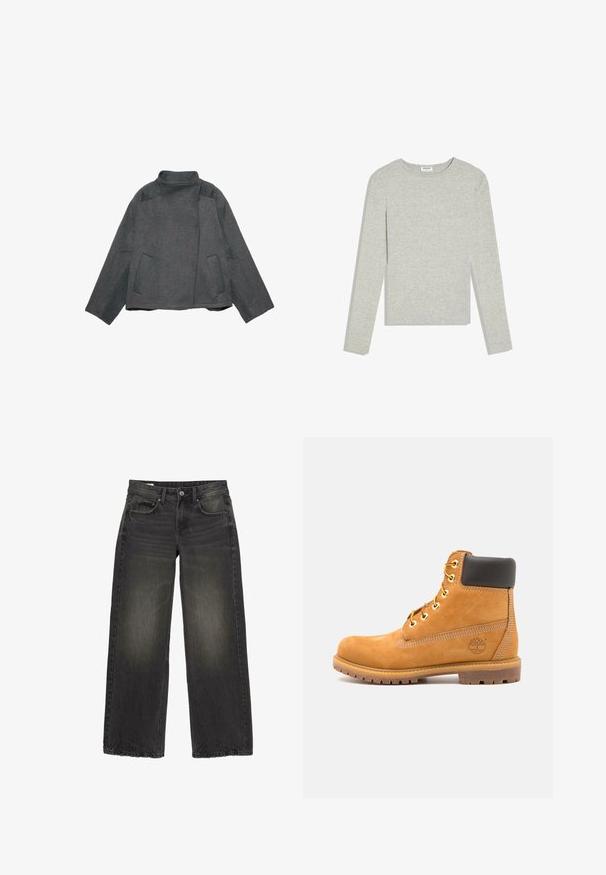 Veste en laine grise avec un col montant, des manches larges et deux poches avant. Le tissu semble texturé, offrant un design structuré et minimaliste.; Chemise gris clair à manches longues avec col rond, coupe ajustée et sans motifs ou logos visibles, posée à plat sur un fond blanc.; Jean noir à jambes larges avec légère décoloration sur les cuisses, fermeture à boutons à l'avant et design à cinq poches sur fond blanc.; Bottine en cuir marron avec rembourrage noir, œillets dorés et semelle texturée. Présente un logo circulaire sur le côté et des accents de couture.