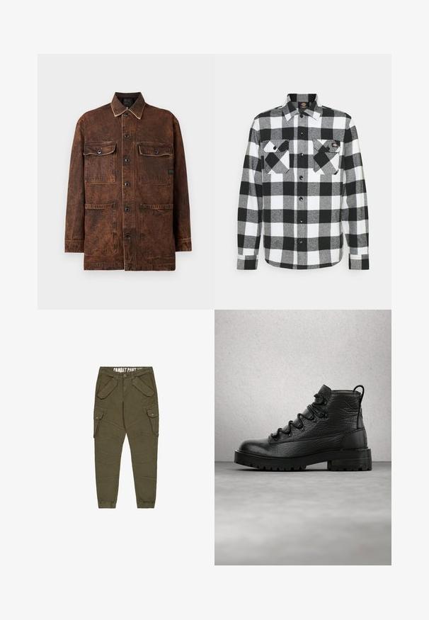 Brun denimjakke med fire frontlommer, knaplukning og en subtil slidt tekstur. Den har kontrastsying og en klassisk krave.; Sort og hvid flannel skjorte med ternet mønster, prydet med to brystlommer, knaplukning foran og krave. Blødt, tekstureret stof.; Olivenfarvede cargo bukser med tapered ben, der har flere klaplommer, en knaplukning og elastiske manchetter; tekstureret bomulds materiale.; Sorte læderankelstøvler med tekstureret overdel, seks snørehuller og en robust sål. Har en hælkappe for nem påtagning.