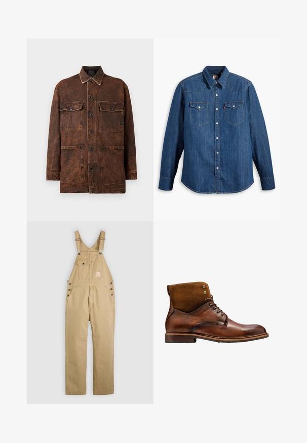 Brun denimjakke med fire frontlommer, knaplukning og en subtil slidt tekstur. Den har kontrastsying og en klassisk krave.; Denim skjorte i mørkeblå med lange ærmer, spids krave og trykknapper. Har to brystlommer med klapper og kontrastsying.; Beige arbejdsdresser med justerbare stropper, forlommer på brystet inklusive en knaplukket klaplomme, sidelommer med knapper og lige ben.; Kazar ALID - Snørestøvletter - brown