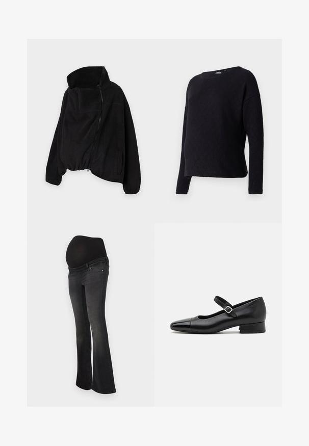 Veste en polaire noire avec col montant, fermeture éclair sur le devant et ourlet élastique. Présente une poche sur la poitrine et des poches latérales. Tissu doux et texturé.; Pull noir à manches longues avec un motif texturé en forme de diamant, col rond et coupe ample. Le tissu semble doux et légèrement texturé.; Jeans de maternité en denim gris foncé avec un panneau noir extensible pour le soutien du ventre, design à jambe évasée et style classique à cinq poches.; Chaussures Mary Jane en cuir noir avec un embout en vernis, une sangle cheville réglable et un petit talon carré. Texture lisse et design élégant.