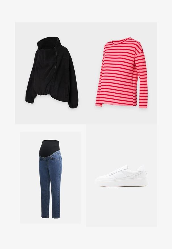 Zwarte fleecejas met een hoge kraag, ritssluiting aan de voorkant en elastische zoom. Beschikt over een borstzak en zijzakken. Zacht, gestructureerd materiaal.; MAMALICIOUS Regular Fit Round Neck - Trui - racing red; Zwangerschapsjeans met blauwe denim benen en een zwart rekbaar buikpaneel, ontworpen om een groeiende buik te ondersteunen en te bedekken.; Witte lage sneaker met dikke zool, veterontwerp en subtiele stikselaccenten op een effen lichte achtergrond.