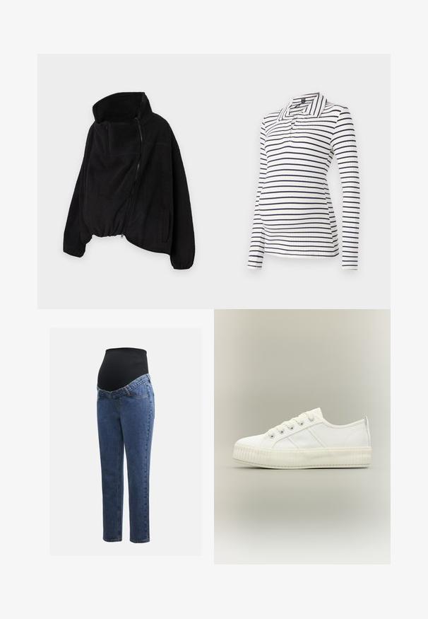 Sort fleecejakke med høj krave, lynlås foran og elastisk kant. Har en brystlomme og sidelommer. Blødt, struktureret stof.; Langærmet graviditetspolo med hvide og navy vandrette stripes, ribbet tekstur og krave med halvknaplukning.; Graviditetsjeans med ben i blå denim og en sort strækbare abdominalpanel designet til at støtte og dække en voksende mave.; Hvid lavtop sneaker med tyk ribbet sål, snørelukning foran og trækflap på hælen mod en neutral baggrund.