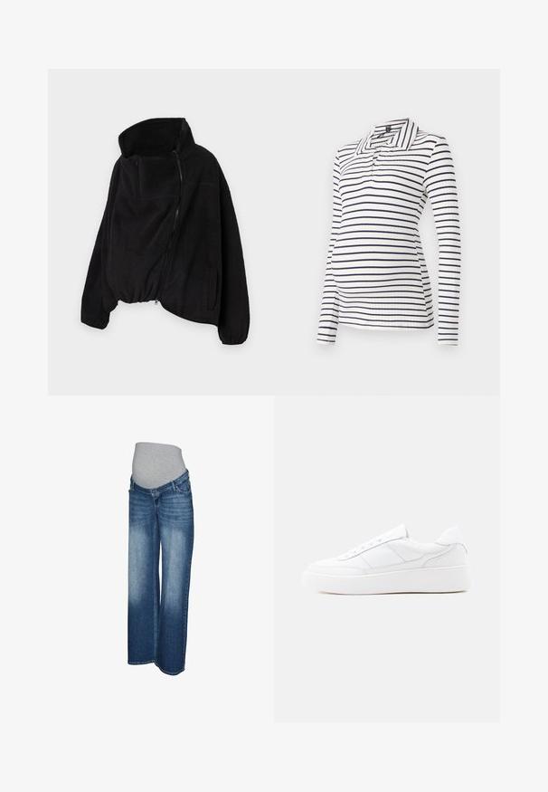 Sort fleecejakke med høj krave, lynlås foran og elastisk kant. Har en brystlomme og sidelommer. Blødt, struktureret stof.; Langærmet graviditetspolo med hvide og navy vandrette stripes, ribbet tekstur og krave med halvknaplukning.; Graviditetsjeans i lys til mørkeblå denim. Bredbenet design med en grå elastisk linning for komfort og stræk. Ingen synlige metaldele.; Hvid lavtop-sneaker med tyk sål, snørelukning og diskrete syningsdetaljer på en ensfarvet lys baggrund.