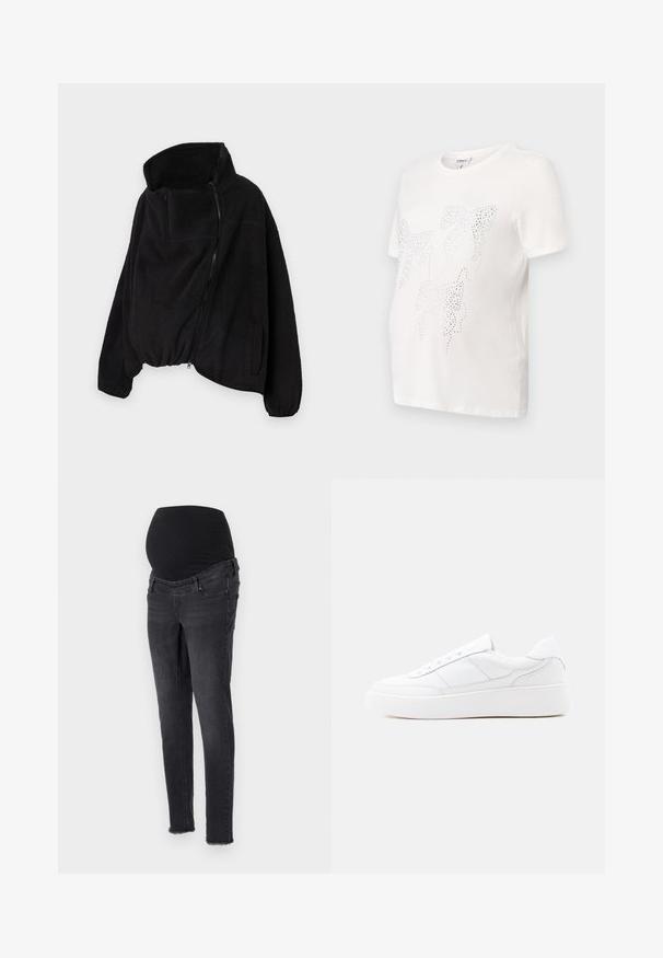 Sort fleecejakke med høj krave, lynlås foran og elastisk kant. Har en brystlomme og sidelommer. Blødt, struktureret stof.; Hvid bomulds t-shirt med korte ærmer, der har et design af blade omrids i små metalliske studs. Rund halsudskæring, afslappet pasform.; Graviditetsjeans i mørkegrå denim med en strækbar sort talje. Har en slim fit og let slitage ved ankelkanterne.; Hvid lavtop-sneaker med tyk sål, snørelukning og diskrete syningsdetaljer på en ensfarvet lys baggrund.