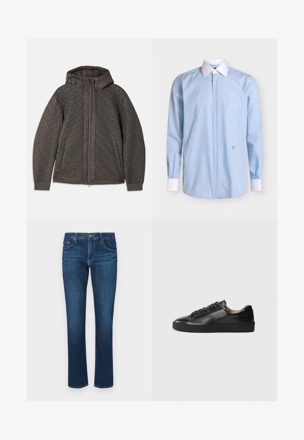 Gevoerd donkergrijs jack met een capuchon, voorzien van een geometrisch patroon, volledige ritssluiting en elastische manchet. Zachtheid in de textuur van de stof.; Heren lange mouwen blauwe blouse met dunne witte verticale strepen, witte kraag en witte manchetten, geknoopt aan de voorkant.; Donkerblauwe denim jeans met een rechte pijpdesign, klassieke vijf-pocket stijl en een knoopsluiting bij de tailleband. Gladde textuur.; Zwarte leren sneaker met een gladde textuur, ronde neus en vetersluiting. Heeft een dikke rubberen zool en minimale merkaanpassing.