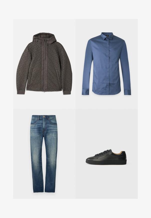 Chaqueta acolchada gris oscuro con capucha, que presenta un patrón geométrico, cierre de cremallera completa y puños elásticos. Tejido suave y texturizado.; Camisa de vestir azul para hombre, de manga larga, corte ajustado, con botones ocultos y cuello clásico sobre un fondo liso.; Vaqueros de mezclilla azul oscuro con diseño de pierna recta, que presentan un desgaste ligero, cinco bolsillos y cierre de botón en la cintura.; Zapatilla negra de cuero de caña baja con superficie texturizada, cordones negros y suela de goma gruesa, mostrada de lado sobre un fondo claro.