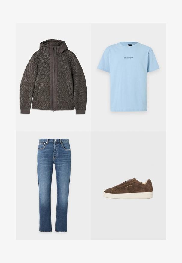Veste matelassée gris foncé avec capuche, présentant un motif géométrique, fermeture éclair intégrale et poignets élastiques. Tissu doux au toucher.; T-shirt à manches courtes en coton bleu clair avec "The Kooples" brodé en petites lettres noires centrées sur la poitrine.; Jean bleu droit en denim avec poches avant, fermeture par bouton et fermeture éclair, présenté sur fond blanc.; Baskets en daim marron avec une silhouette basse, un bout arrondi et une semelle en caoutchouc blanc. Elles présentent des lacets foncés et un logo discret sur le côté.