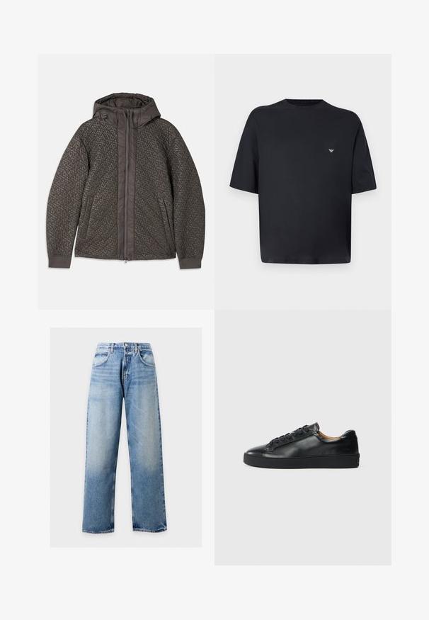 Chaqueta acolchada gris oscuro con capucha, que presenta un patrón geométrico, cierre de cremallera completa y puños elásticos. Tejido suave y texturizado.; Camiseta negra de manga corta y corte oversize con pequeño logo blanco en el pecho izquierdo, mostrada sobre un fondo gris claro.; Vaqueros de pierna ancha en azul claro con bolsillos delanteros, trabillas para el cinturón y cierre de botón sobre un fondo liso.; Zapatilla negra de cuero con una textura suave, puntera redonda y cierre de cordones. Presenta una suela de goma gruesa y un detalle de marca mínimo.